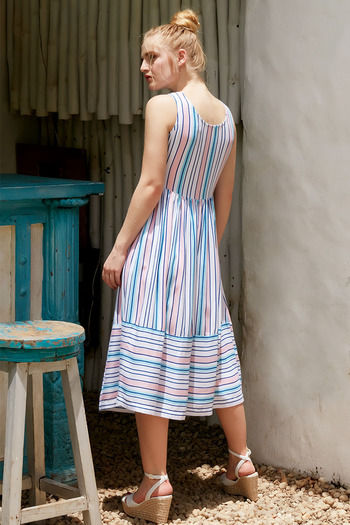 Buy Zephyr Printed Stripe Dress- Pink Blue N White at Rs.1749